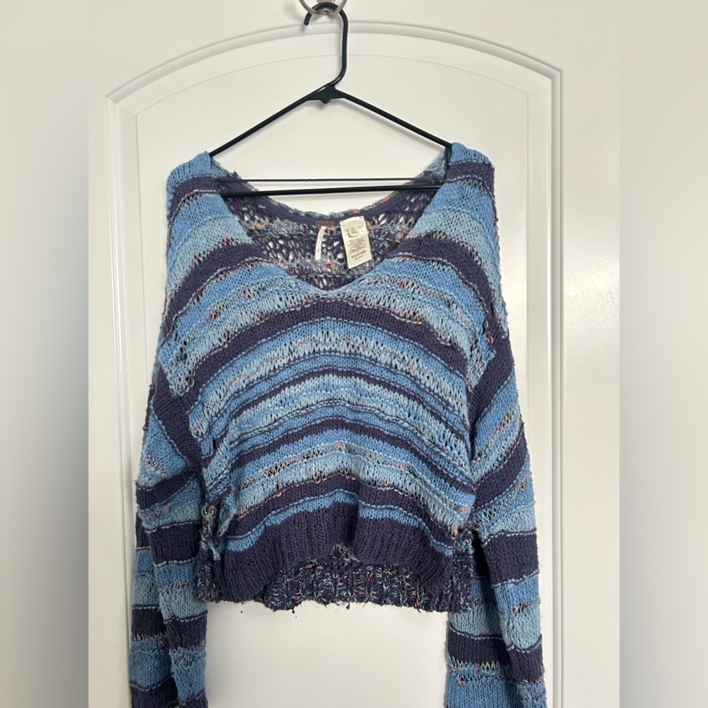 Free People Lake Life Pullover Sweater Bottled Blue Combo size small Chunky Knit - Picture 5 of 13